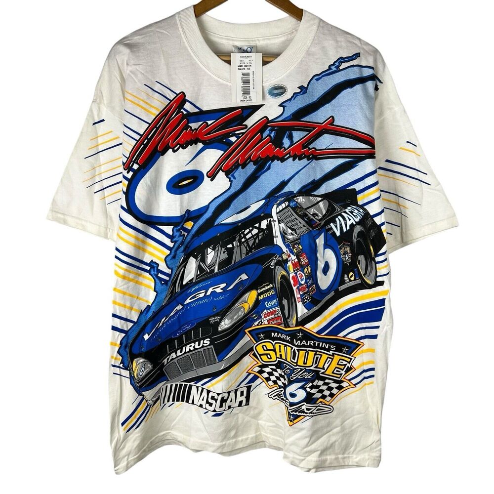 VTG 90s M&O Knits Mens Sz XL Shirt NASCAR Mark Martin #6 Salute To You All Over